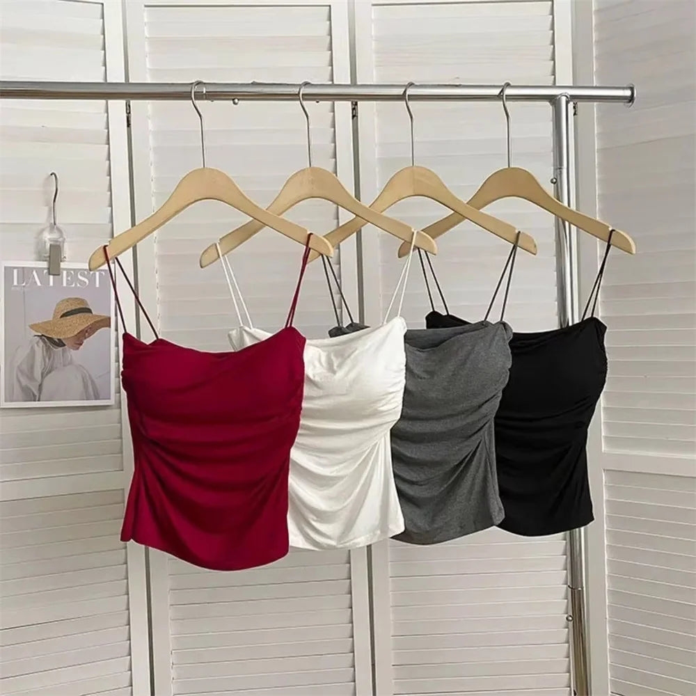 1 Pc Stylish Waist Pleated Corset - Soft support fixed chest pad sleeveless vest Sexy short top with thin straps Solid color